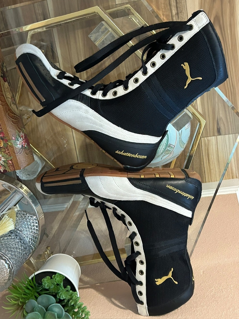 Vintage Puma Schattenboxen Boxing Boots Black and Cream High-Top Sneakers 11/12 - Picture 5 of 16